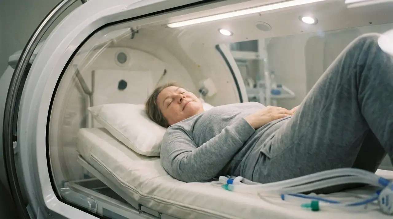 Woman resting inside a clear hyperbaric oxygen chamber