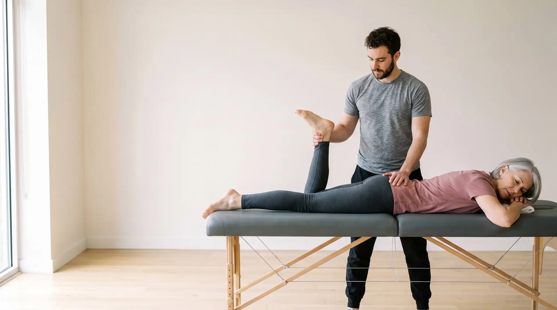 Therapist stretching a prone patient's leg on table