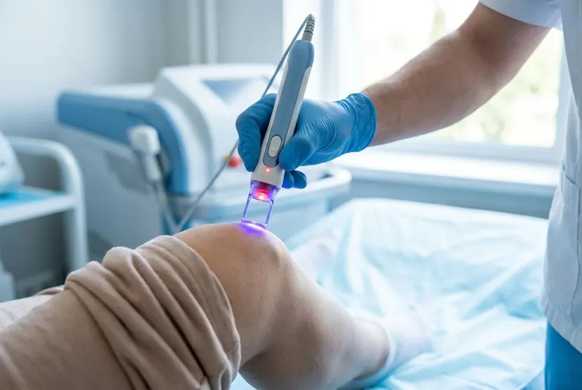Gloved hand using laser wand on a knee