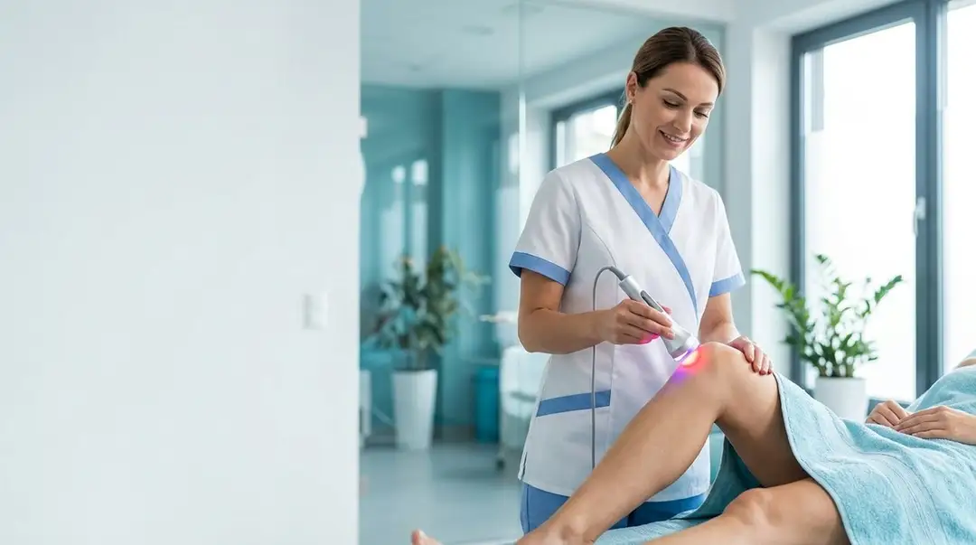 Clinician applying laser device to a patient's knee