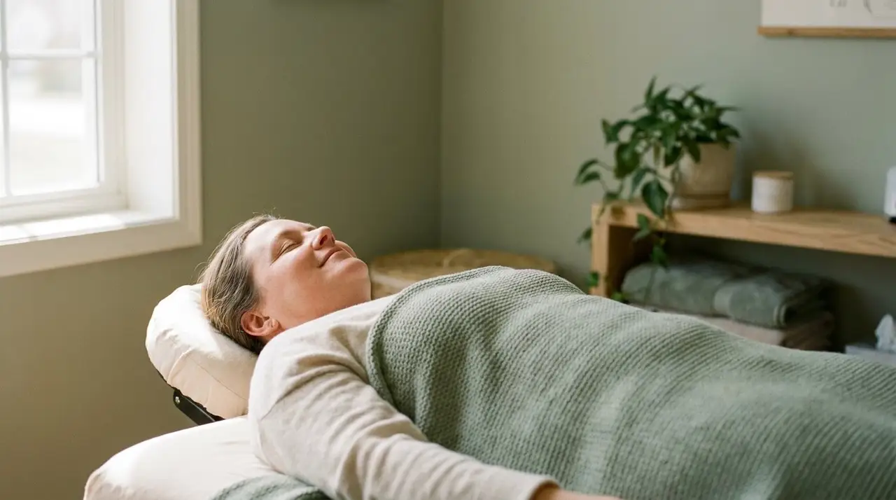 Woman relaxing on treatment table under a blanket