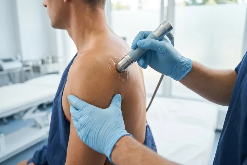 Gloved clinician treating a man's shoulder with shockwave