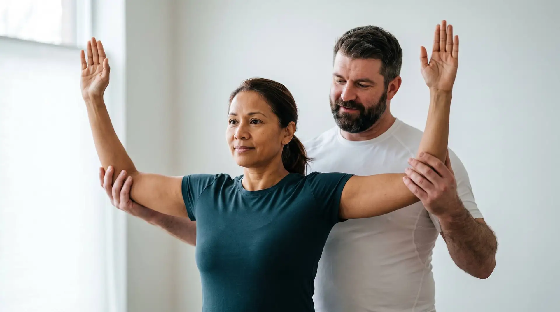 Therapist assisting a woman's arm and shoulder stretch