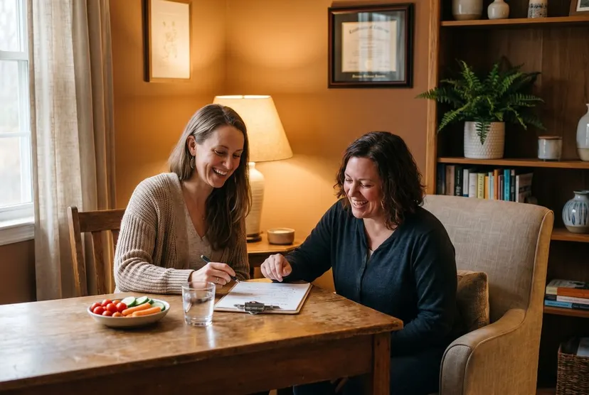 Two women reviewing a nutrition plan at a table